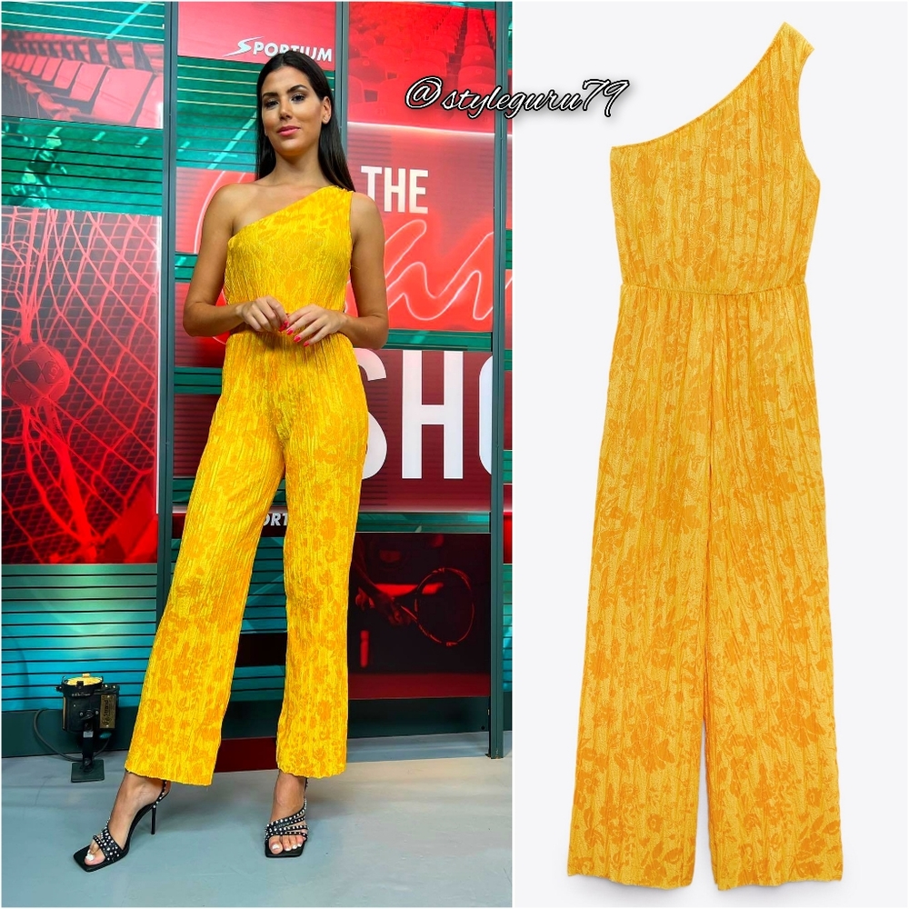 NWT, ZARA, One Shoulder Jacquard Jumpsuit In Golden Yellow